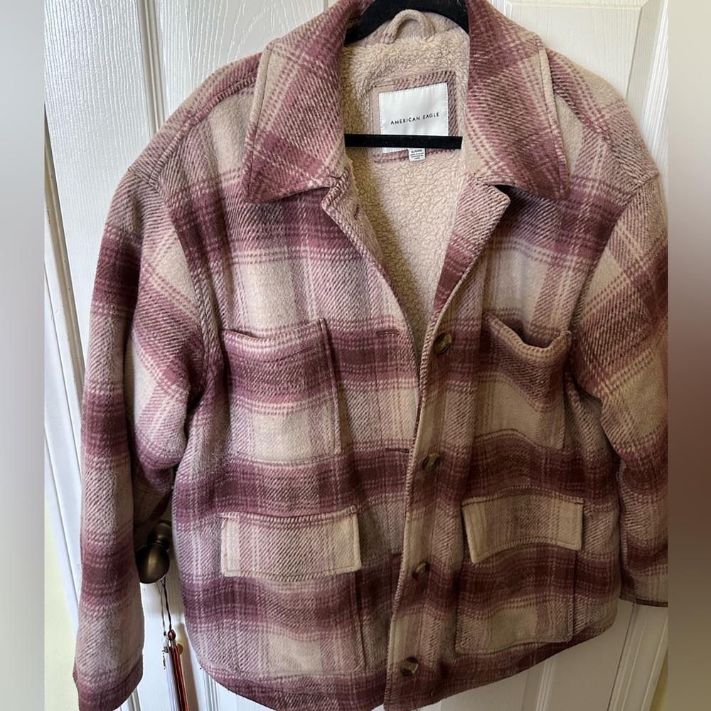 American Eagle Outfitters Pink and Cream Teddy Jacket Cozy Style